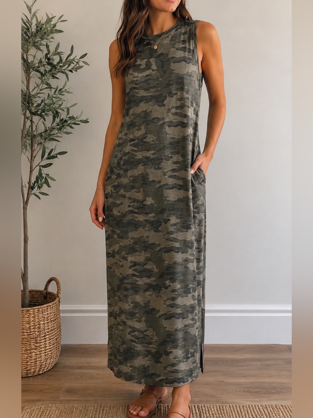 Universal Thread Camo Maxi Dress in Olive and Gray Tones